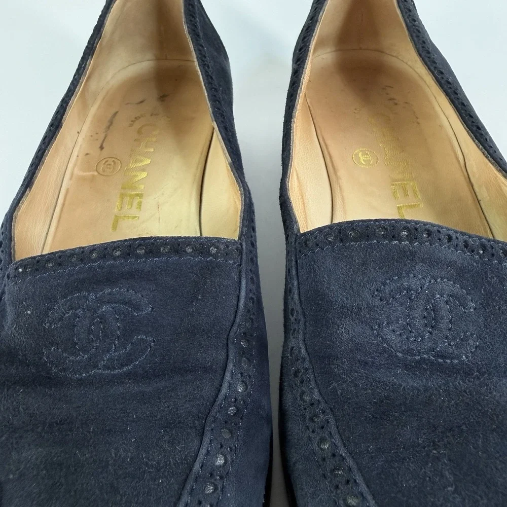 Chanel Loafers Shoes Womens 7 37 Coco CC Mark Embroidered Blue Suede Italy